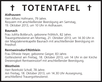 Anzeige von Totentafel vom 18.10.2013 von MGO