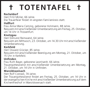 Anzeige von Totentafel vom 21.10.2013 von MGO