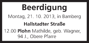 Anzeige von Beerdigung vom 21.10.2013 von MGO