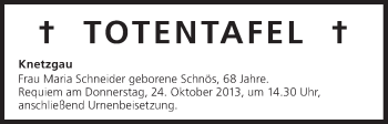 Anzeige von Totentafel vom 22.10.2013 von MGO