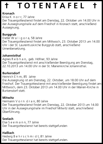Anzeige von Totentafel vom 22.10.2013 von MGO