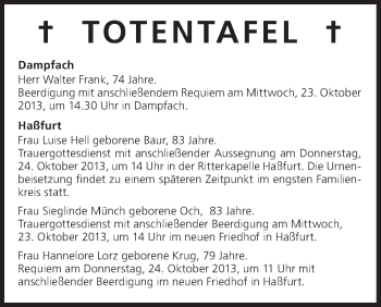 Anzeige von Totentafel vom 23.10.2013 von MGO