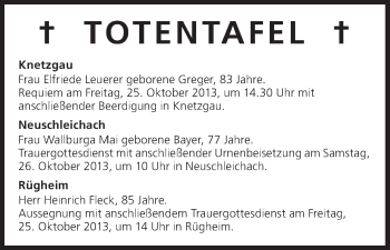 Anzeige von Totentafel vom 24.10.2013 von MGO