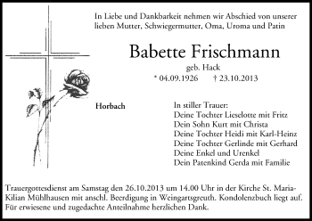 Anzeige von Babette Frischmann von MGO