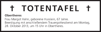 Anzeige von Totentafel vom 26.10.2013 von MGO