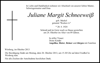 Anzeige von Juliane Margit Schneeweiß von MGO
