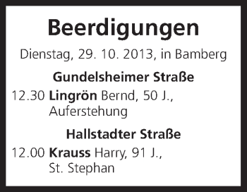 Anzeige von Beerdigungen vom 29.10.2013 von MGO