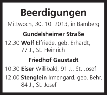 Anzeige von Beerdigungen vom 30.10.2013 von MGO