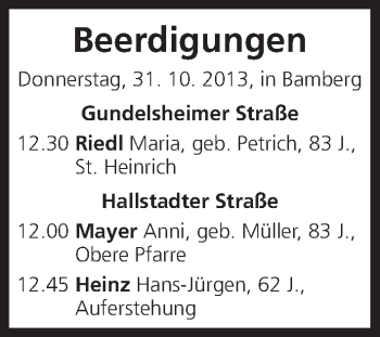 Anzeige von Beerdigungen vom 31.10.2013 von MGO