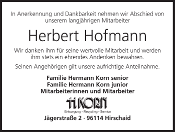 Anzeige von Herbert Hofmann von MGO