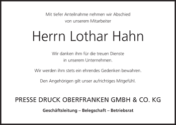 Anzeige von Lothar Hahn von MGO