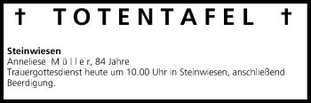 Anzeige von Totentafel vom 09.11.2013 von MGO