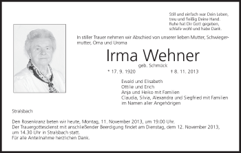 Anzeige von Irma Wehner von MGO
