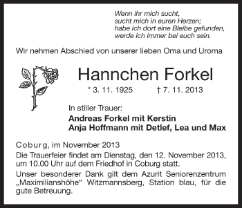 Anzeige von Hannchen Forkel von MGO