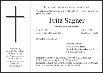 Anzeige von Fritz Sagner von MGO