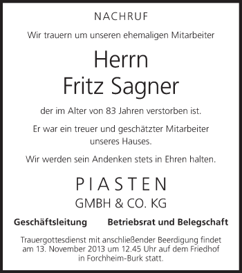 Anzeige von Fritz Sagner von MGO
