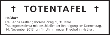 Anzeige von Totentafel vom 13.11.2013 von MGO