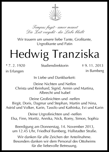 Anzeige von Hedwig Tranziska von MGO