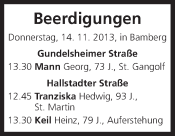 Anzeige von Beerdigungen vom 14.11.2013 von MGO