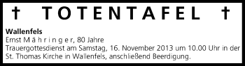 Anzeige von Totentafel vom 14.11.2013 von MGO