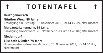 Anzeige von Totentafel vom 16.11.2013 von MGO