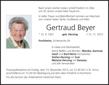 Anzeige von Gertraud Beyer von MGO