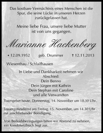 Anzeige von Marianne Hackenberg von MGO
