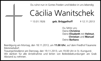 Anzeige von Cäcilia Wanitschek von MGO