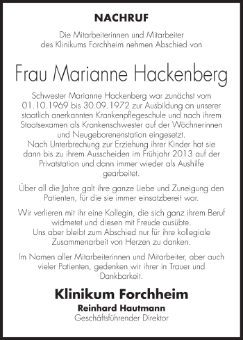 Anzeige von Marianne Hackenberg von MGO