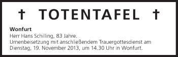 Anzeige von Totentafel vom 16.11.2013 von MGO