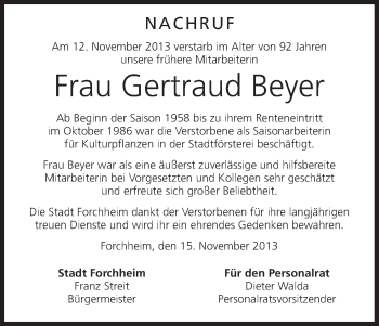 Anzeige von Gertraud Beyer von MGO