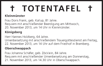 Anzeige von Totentafel vom 19.11.2013 von MGO