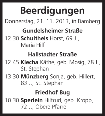 Anzeige von Beerdigungen vom 21.11.2013 von MGO