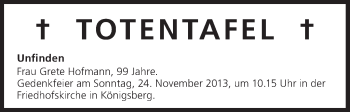 Anzeige von Totentafel vom 22.11.2013 von MGO
