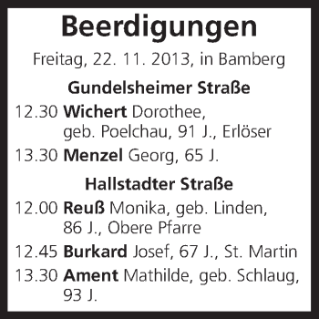 Anzeige von Beerdigungen vom 22.11.2013 von MGO