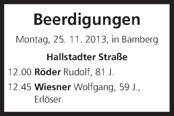 Anzeige von Beerdigungen vom 25.11.2013 von MGO