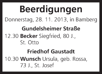 Anzeige von Beerdigungen vom 28.11.2013 von MGO