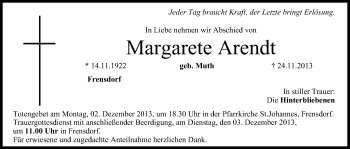 Anzeige von Margarete Arendt von MGO