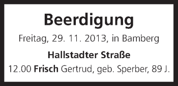 Anzeige von Beerdigung vom 29.11.2013 von MGO