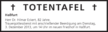 Anzeige von Totentafel vom 02.12.2013 von MGO