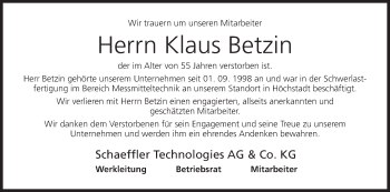 Anzeige von Klaus Betzin von MGO