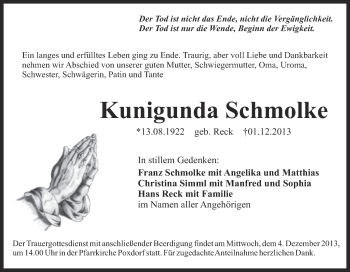 Anzeige von Kunigunda Schmolke von MGO