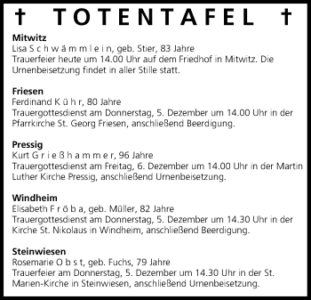 Anzeige von Totentafel vom 04.12.2013 von MGO
