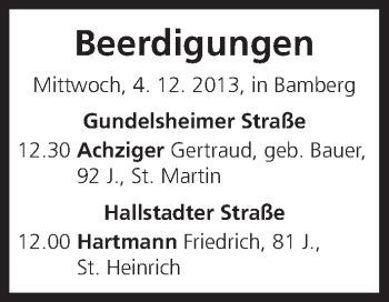 Anzeige von Beerdigungen vom 04.12.2013 von MGO