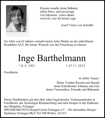 Anzeige von Inge Barthelmann von MGO