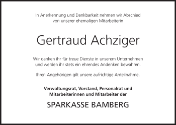 Anzeige von Gertraud Achziger von MGO