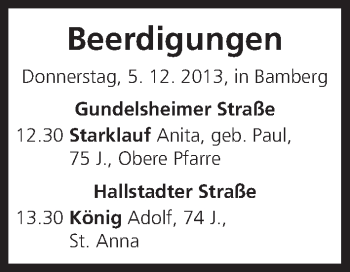 Anzeige von Beerdigungen vom 05.12.2013 von MGO