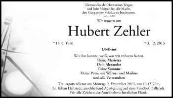 Anzeige von Hubert Zehler von MGO