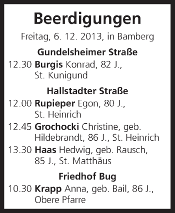 Anzeige von Beerdigungen vom 06.12.2013 von MGO