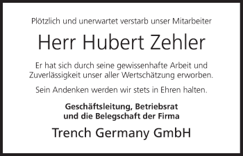 Anzeige von Hubert Zehler von MGO
